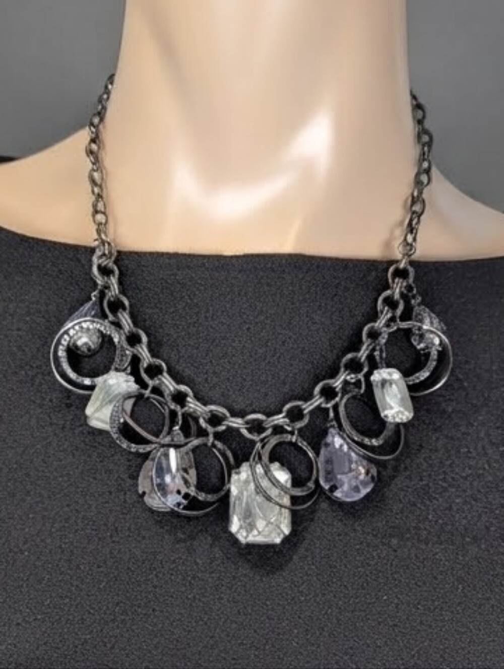 Hammered Gunmetal Statement Fashion Necklace Crystal Charms Chunky Chain Jewelry